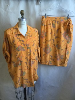 Womens, 1990s Vintage, Piece 1, ELLEN TRACY-L.ALLARD, Orange, Red, Royal Blue, Turquoise Blue, Lime Green, Silk, Floral, Paisley/Swirls, W:26, 6, Blouse:  Collar Attached, Button Front, 2 Pockets, Short Sleeves with Cuff, Curved Hem, with Matching Wrap-around Skirt,
