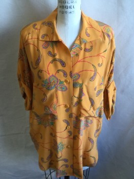 Womens, 1990s Vintage, Piece 1, ELLEN TRACY-L.ALLARD, Orange, Red, Royal Blue, Turquoise Blue, Lime Green, Silk, Floral, Paisley/Swirls, W:26, 6, Blouse:  Collar Attached, Button Front, 2 Pockets, Short Sleeves with Cuff, Curved Hem, with Matching Wrap-around Skirt,