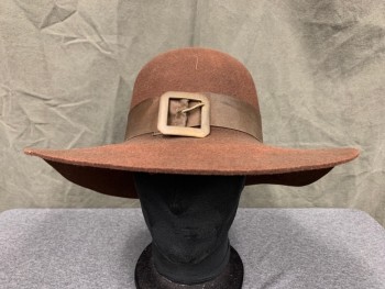 Mens, Historical Fiction Hat , N/L, Dk Brown, Wool, Solid, 7 1/4, Round Crown, Flat Wide Brim, Faille Hat Band, Bras Square Buckle, Aged/Distressed, 1600's