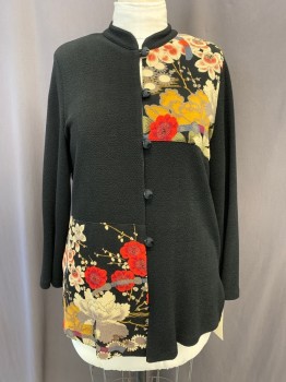 I.C. COLLECTION, Black, Beige, Tan Brown, Raspberry Pink, Taupe, Polyester, Asian Inspired Theme, Floral, Mandarin Collar, Button Front with Loops, Shoulder Pads, Unlined, Puckery Knit, Evening