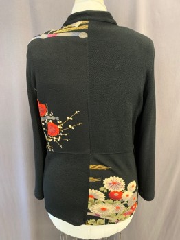 I.C. COLLECTION, Black, Beige, Tan Brown, Raspberry Pink, Taupe, Polyester, Asian Inspired Theme, Floral, Mandarin Collar, Button Front with Loops, Shoulder Pads, Unlined, Puckery Knit, Evening