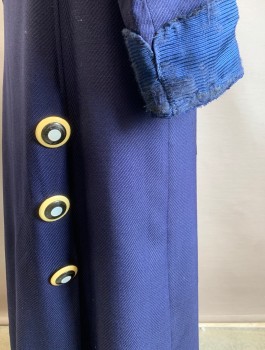 LA VOGUE, Navy Blue, Silk, Solid, Faille, Ankle Length, Large Rounded Lapel, 3 Oversized Butter Yellow, Black and White Buttons, Smaller Decorative Buttons on Collar, Folded Cuffs, **Fabric is Worn at Cuffs/Collar