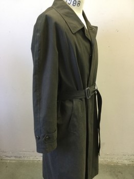 Mens, Coat, Trenchcoat, BILL BLASS, Moss Green, Acrylic, Polyester, Solid, 38 R, Single Breasted, Collar Attached, 2 Pockets, Self Belt, Removable Liner, 2pc