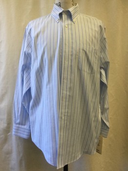 BROOKS BROTHERS, Baby Blue, White, Cotton, Stripes - Vertical , Button Down Collar, Long Sleeves, 1 Pocket,