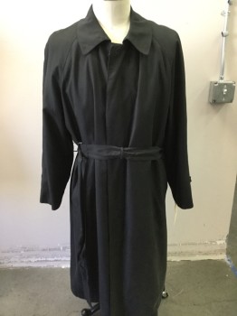 Mens, Coat, Trenchcoat, VITO RUFOLO, Black, Polyester, Solid, 42 R, Single Breasted, Collar Attached, 2 Pockets, Self Belt, Removable Liner, 2PC, Buckle on Belt is Broken...