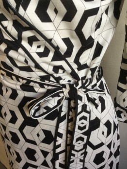 DVF, Black, Cream, Polyester, Elastane, Geometric, Abstract , V-neck, Wrap-around Style with Self Attached Belt, 3/4 Sleeves