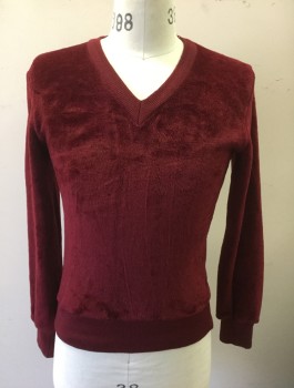 Mens, Sweatshirt, SWEATER EMPORIUM, Red Burgundy, Acrylic, Polyester, Solid, 38", S, Velour, Pullover, Rib Knit V-neck, Cuffs and Waistband,