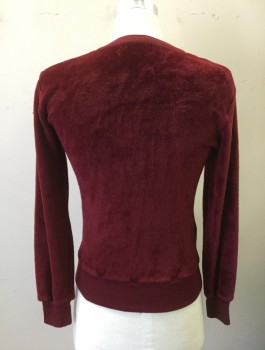 Mens, Sweatshirt, SWEATER EMPORIUM, Red Burgundy, Acrylic, Polyester, Solid, 38", S, Velour, Pullover, Rib Knit V-neck, Cuffs and Waistband,