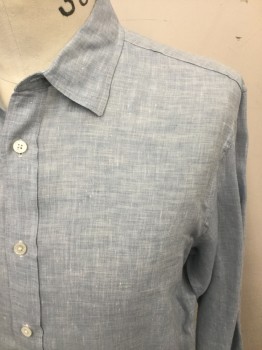 MICHAEL KORS, Lt Blue, White, Linen, Solid, Chambray, Button Front, Collar Attached, Long Sleeves