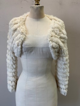 Womens, Sweater, N/L, Ivory White, Fur, Wool, Solid, XS/S, Cropped Knit with Horizontal Rows of Rabbit Fur, Long Sleeves, Open at Front with No Closures