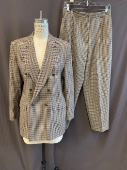 Womens, 1990s Vintage, Suit, Jacket, AQUASCUTUM, Beige, Brown, Navy Blue, Wool, Houndstooth, 8, Peaked Lapel, Double Breasted, Button Front, 3 Pockets