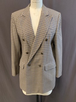 Womens, 1990s Vintage, Suit, Jacket, AQUASCUTUM, Beige, Brown, Navy Blue, Wool, Houndstooth, 8, Peaked Lapel, Double Breasted, Button Front, 3 Pockets