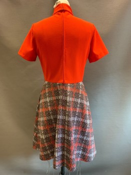 Womens, Dress, NO LABEL, Red, Dk Brown, White, Polyester, Grid , W28, B36, S/S, Turtle, Neck, Grid Skirt, Back Zipper, Made to Order