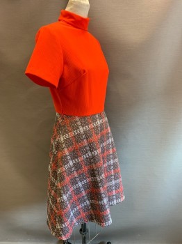 NO LABEL, Red, Dk Brown, White, Polyester, Grid , S/S, Turtle, Neck, Grid Skirt, Back Zipper, Made to Order
