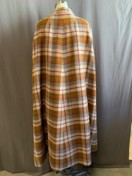 Womens, Cape/Poncho, N/L, Lt Brown, Maroon Red, Multi-color, Wool, Plaid, O/S, Band Collar, 4 Covered Buttons, Gray and Beige Colors