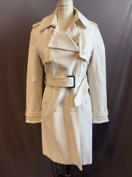 Womens, Coat, Trenchcoat, CLUB MONACO, Khaki Brown, Cotton, Viscose, Solid, S, Double Breasted, Notched Collar Attached, Epaulettes at Shoulders, 2 Pockets, Removable Straps at Cuffs, Belt Loops, with Matching Belt (CF011686)
