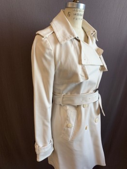 Womens, Coat, Trenchcoat, CLUB MONACO, Khaki Brown, Cotton, Viscose, Solid, S, Double Breasted, Notched Collar Attached, Epaulettes at Shoulders, 2 Pockets, Removable Straps at Cuffs, Belt Loops, with Matching Belt (CF011686)