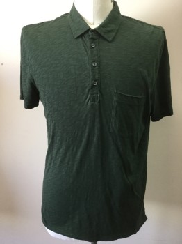 7 FOR ALL MAN KIND, Green, Cotton, Polyester, Heathered, Heather Green, Collar Attached, 4 Button Front, 1 Pocket, Short Sleeves, Side Split Hem