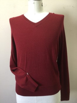 Mens, Pullover Sweater, BROOK BROTHERS, Maroon Red, Wool, Zig-Zag , L, Maroon, Flat Knit, Ribbed  V-neck, Long Sleeves Cuffs & Hem