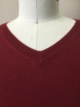 Mens, Pullover Sweater, BROOK BROTHERS, Maroon Red, Wool, Zig-Zag , L, Maroon, Flat Knit, Ribbed  V-neck, Long Sleeves Cuffs & Hem