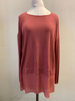 Womens, Top, NL, Raspberry Pink, Poly/Cotton, Solid, M, Pullover, Scoop Neck, Long Sleeves, Chiffon Under Layer at Hem for Under Shirt Look