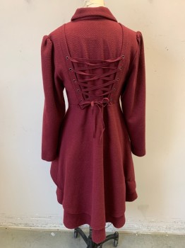Womens, Coat, HOT TOPIC, Red Burgundy, Wool, Tweed, L, Rounded Collar, Zip Front, & Button Front, A-Line, 2 Layer Ruffle Hem, Lace Up Back