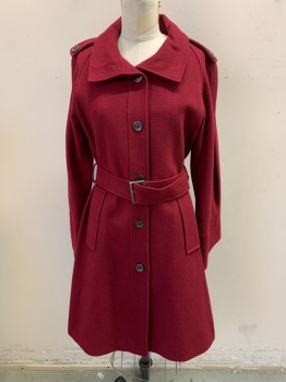 Womens, Coat, KENAR, Red Burgundy, Wool, Polyester, M, with Matching Belt, Collar Attached, Single Breasted, Button Front, Epaulets, 2 Pockets, Single Back Vent
