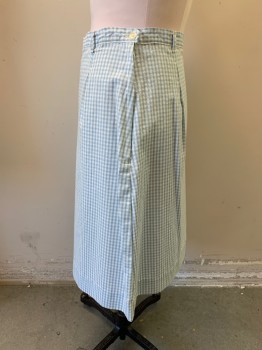 Womens, 1960s Vintage, Piece 1, N/L, White, Lt Blue, Cotton, Check , W32, Skirt, A-line with Stitched Down Inverted Box Pleat Center Front, Side Zipper, Belt Loops,