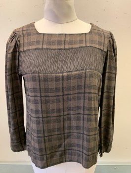 Womens, Blouse, ALBERT NIPPON, Dk Brown, Black, Silk, Plaid-  Windowpane, B:38, L, Long Puffy Sleeves Gathered At Shoulders, Square Neck, Pullover, Chevron Pattern Panel Across Bust