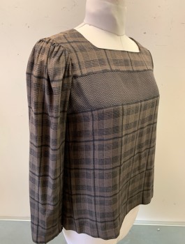 Womens, Blouse, ALBERT NIPPON, Dk Brown, Black, Silk, Plaid-  Windowpane, B:38, L, Long Puffy Sleeves Gathered At Shoulders, Square Neck, Pullover, Chevron Pattern Panel Across Bust