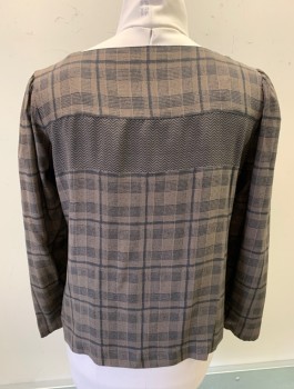 ALBERT NIPPON, Dk Brown, Black, Silk, Plaid-  Windowpane, Long Puffy Sleeves Gathered At Shoulders, Square Neck, Pullover, Chevron Pattern Panel Across Bust