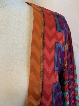 Womens, 1980s Vintage, Piece 1, UMI COLLECTIONS , Orange, Multi-color, Silk, Geometric, Stripes, W27, 4, JACKET, Open Front, Orange, Red, Rust, Olive, Purple, and Gray Geo Stripes