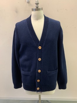Mens, Cardigan Sweater, J. CREW, Navy Blue, Cotton, Solid, XL, V-N, 5 Wooden Buttons, 2 Pockets,