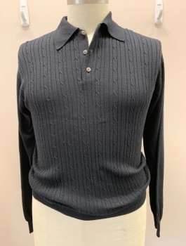 LOUIS ROTH, Black, Silk, Cashmere, Solid, Pull On, Polo Neck, 3 Bttns, L/S, Rib Knit Collar/cuffs/ Waistband, Cable Knit Vertical Stripe Front