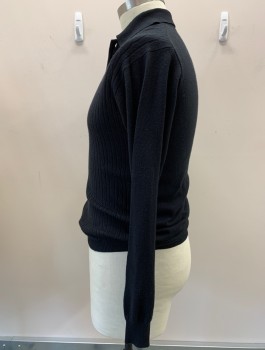 Mens, Sweater, LOUIS ROTH, Black, Silk, Cashmere, Solid, C 46, XXL, Pull On, Polo Neck, 3 Bttns, L/S, Rib Knit Collar/cuffs/ Waistband, Cable Knit Vertical Stripe Front