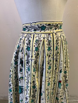 Womens, 1950s Vintage, Skirt, N/L, Cream, Kelly Green, Red, Black, Yellow, Cotton, Novelty Pattern, W:26, Skirt:  Barkcloth, Illustrated Roosters, Butterflies and Swirled Flowers Pattern, 2" Wide Self Waistband, Large Box Pleats, Full/Flared Shape, Hem Below Knee