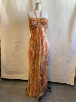 Womens, Evening Gown, TERI JON, Peach Orange, Red, Green, Gold, Silk, Floral, B:32, Beaded Halter Strap with Button Closure, Chiffon, Horizontal Gathered Bust, Beaded Under Bust, Panel Draped From Crew Neck, Ankle Length, Zip Back, Diaphanous