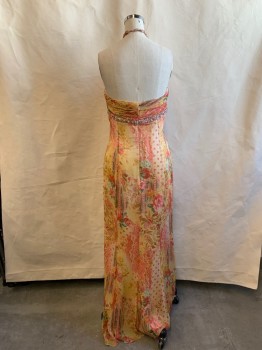 Womens, Evening Gown, TERI JON, Peach Orange, Red, Green, Gold, Silk, Floral, B:32, Beaded Halter Strap with Button Closure, Chiffon, Horizontal Gathered Bust, Beaded Under Bust, Panel Draped From Crew Neck, Ankle Length, Zip Back, Diaphanous