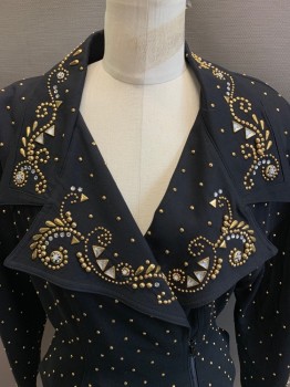Womens, Jacket, CACHE, Black, Gold, Polyester, Cotton, Diamonds, Dots, 4-6, L/S, Collar Attached, Zip Front, Gold Rhinestone And Diamond Stud, Detailed Collar, Shoulder Pads And Cuff Pads