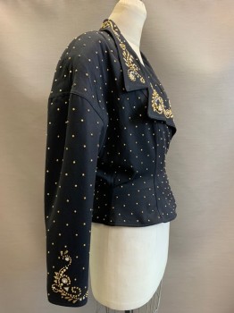 CACHE, Black, Gold, Polyester, Cotton, Diamonds, Dots, L/S, Collar Attached, Zip Front, Gold Rhinestone And Diamond Stud, Detailed Collar, Shoulder Pads And Cuff Pads
