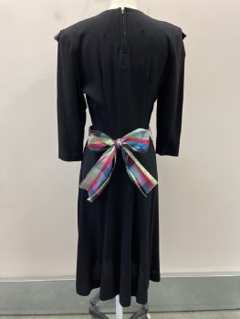 Womens, Dress, N/L, Black, Polyester, Silk, Plaid, W24, B32, V-N, Mindy Style,Blue/Green/Pink/burgundy Plaid With 2 Small  V Shapes, And Rhinestone Horse Shoe Pin On CF,  Matching  Ribbon Belt  Like Collar, L/S, CB Zip And Side
