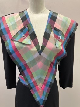 N/L, Black, Polyester, Silk, Plaid, V-N, Mindy Style,Blue/Green/Pink/burgundy Plaid With 2 Small  V Shapes, And Rhinestone Horse Shoe Pin On CF,  Matching  Ribbon Belt  Like Collar, L/S, CB Zip And Side