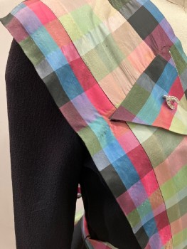 Womens, Dress, N/L, Black, Polyester, Silk, Plaid, W24, B32, V-N, Mindy Style,Blue/Green/Pink/burgundy Plaid With 2 Small  V Shapes, And Rhinestone Horse Shoe Pin On CF,  Matching  Ribbon Belt  Like Collar, L/S, CB Zip And Side