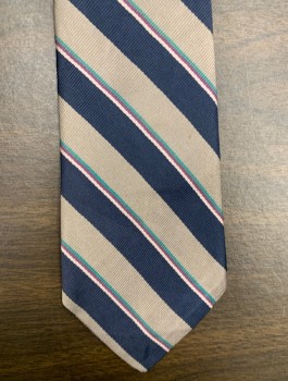 Mens, Tie, MACY BERT PULITZER, Navy Blue, Taupe, Green, Mauve Pink, Silk, Stripes - Diagonal , OS