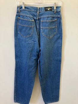 Womens, Jeans, GOLDEN WINGS, W 28, Blue Cotton, Pleated, Baggy, Taperred Cuffs, 2 Welt Pocket In Front, 2 Patch Pocket In Back