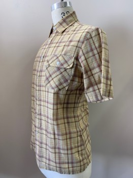 Mens, Casual Shirt, LEVI'S, Cream, Brown, Rust Orange, Lt Blue, Polyester, Cotton, Plaid, M, S/S, Button Front, Collar Attached, Chest Pocket