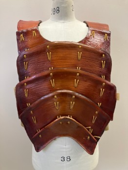 Mens, Breastplate, NO LABEL, Brown, Yellow, Leather, Polyester, OS, Leather Armor Plates, Yellow Stitch Lacing, Double Side Bands With Snap Buttons, Made To Order