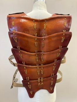 Mens, Breastplate, NO LABEL, Brown, Yellow, Leather, Polyester, OS, Leather Armor Plates, Yellow Stitch Lacing, Double Side Bands With Snap Buttons, Made To Order
