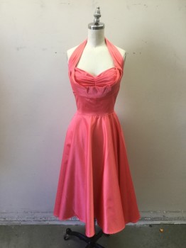 CANDICE GWINN, Coral Orange, Poly/Cotton, Spandex, Solid, Retro 50's Style, Stretch Cotton Satin, Halter with Pleated Detail at Bust Line Front, Fitted Bodice, Circular Cut Skirt, CB Zipper,