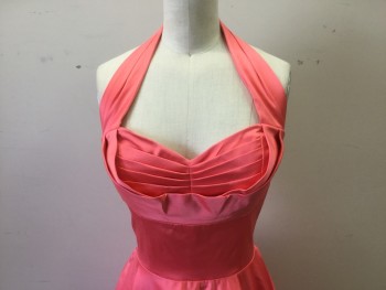 CANDICE GWINN, Coral Orange, Poly/Cotton, Spandex, Solid, Retro 50's Style, Stretch Cotton Satin, Halter with Pleated Detail at Bust Line Front, Fitted Bodice, Circular Cut Skirt, CB Zipper,